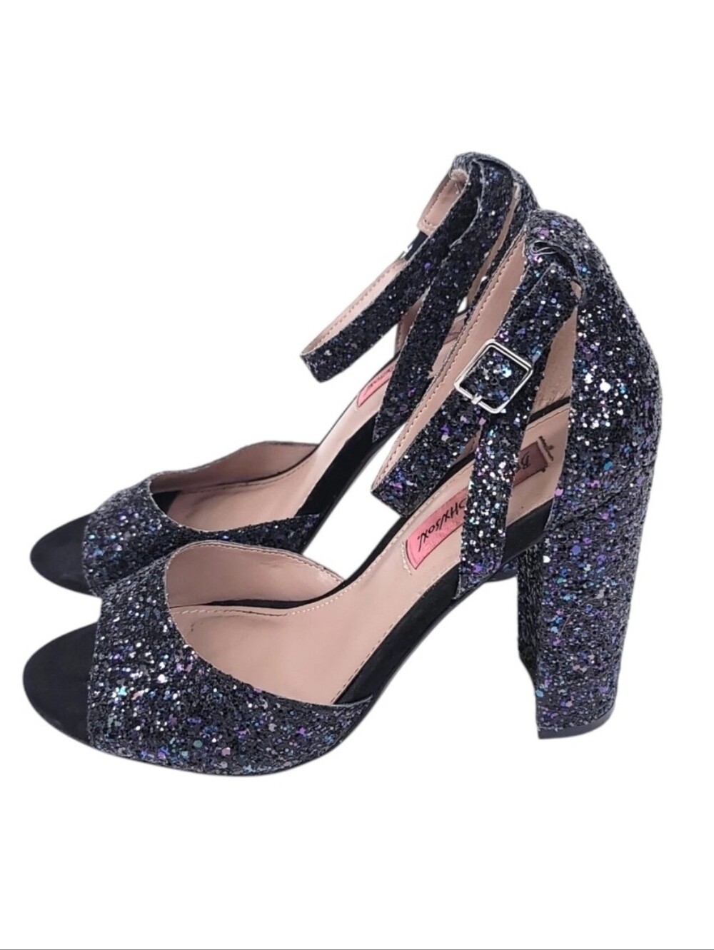Betsey Johnson Sandals Womens 7.5 Heels Glitter Strap Block Open Toe Glissten